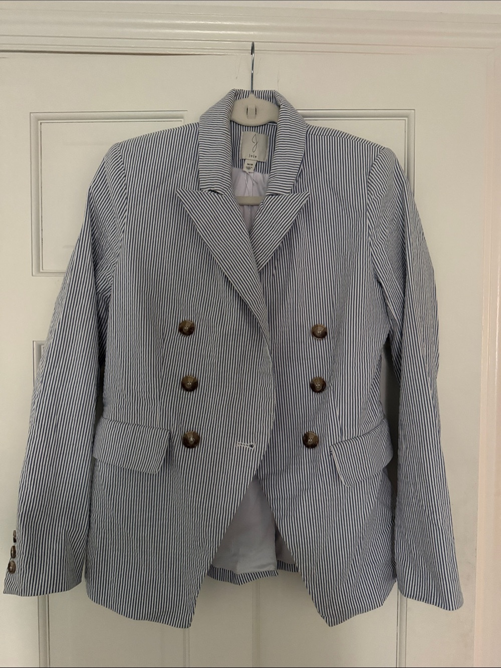Joie Navy and White Striped Double-Breasted Blazer with stretch